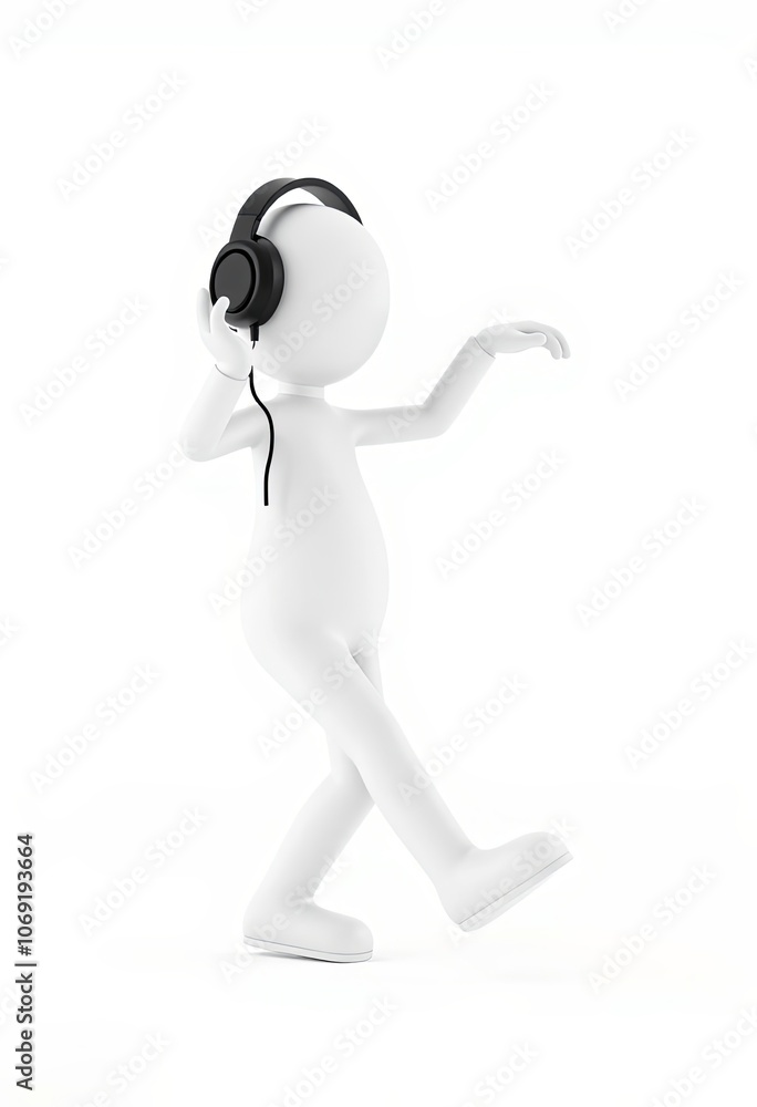 3D minimalist white stick figure dancing with headphones for music and entertainment themes with copy space 3D minimalist white stick figure dancing with headphones for music and entertainment themes with copy space