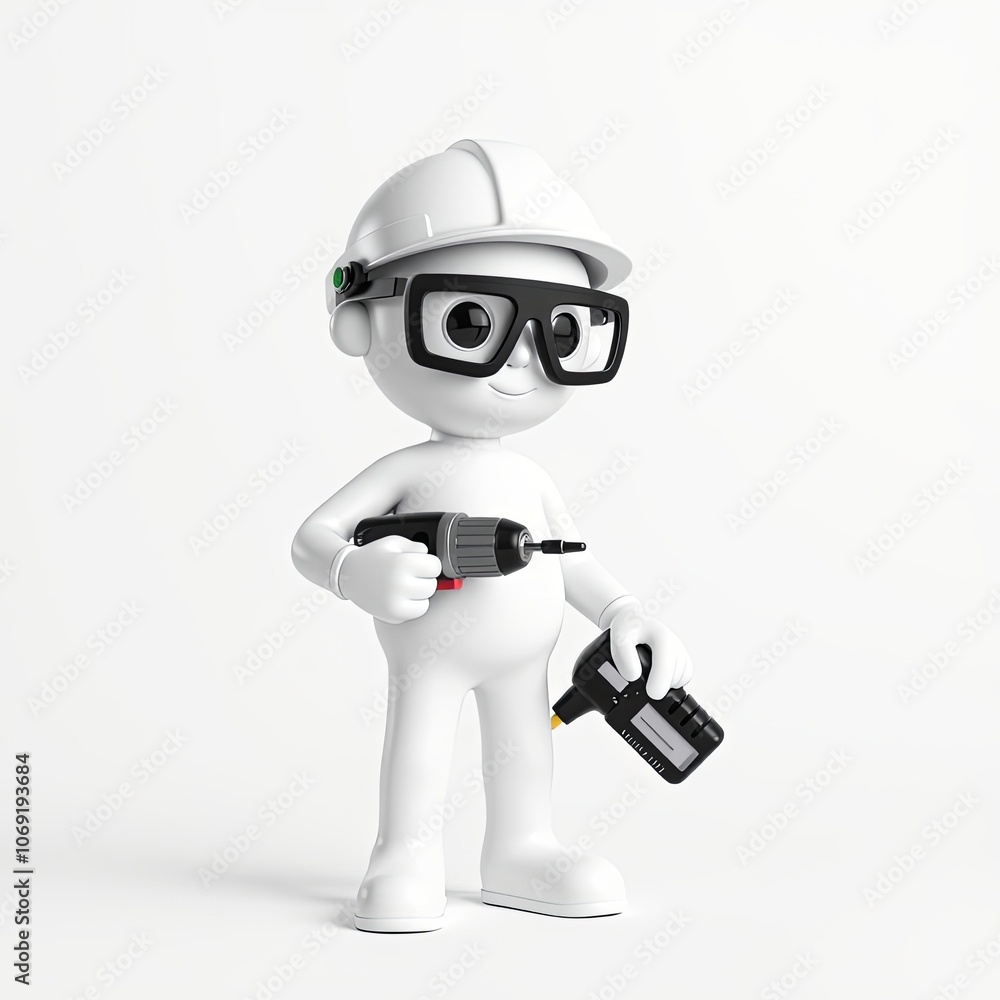 3D minimalist white stick figure with safety goggles and drill for DIY and safety messages with copy space 3D minimalist white stick figure with safety goggles and drill for DIY and safety messages with copy space