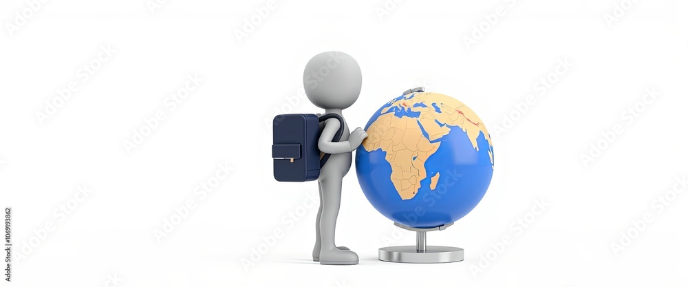 Fototapeta premium 3D stick figure character promoting global education minimalist style for travel and study themes with copy space