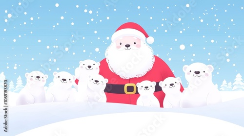 Santa claus celebrates christmas with adorable polar bears in a winter wonderland