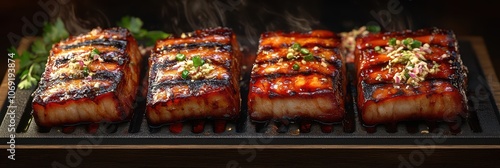 Four pieces of grilled fish are sitting on a black grill photo