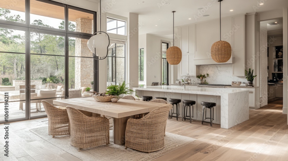 Modern Kitchen Dining Area with Large Windows and Natural Elements Modern Kitchen Dining Area with Large Windows and Natural Elements