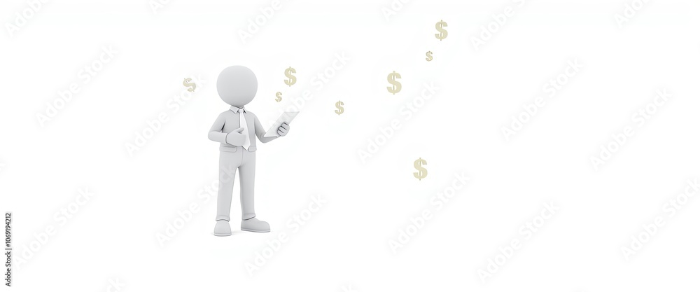 3D white stick figure in business attire with tablet, representing financial success, ideal for financial or business presentations with copy space 3D white stick figure in business attire with tablet, representing financial success, ideal for financial or business presentations with copy space
