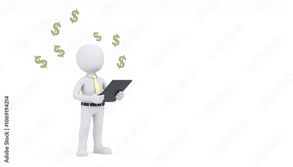3D stick figure in business attire with tablet, representing financial success, ideal for financial presentations with copy space 3D stick figure in business attire with tablet, representing financial success, ideal for financial presentations with copy space