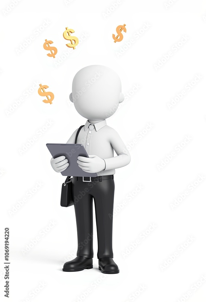 3D stick figure business professional with tablet and dollar signs, glossy white style, ideal for financial success visuals or business presentations with copy space 3D stick figure business professional with tablet and dollar signs, glossy white style, ideal for financial success visuals or business presentations with copy space
