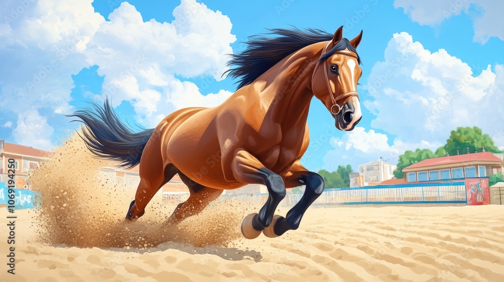 Galloping bay horse with shod hooves kicking up sand in an outdoor competition arena equestrian sports Galloping bay horse with shod hooves kicking up sand in an outdoor competition arena equestrian sports