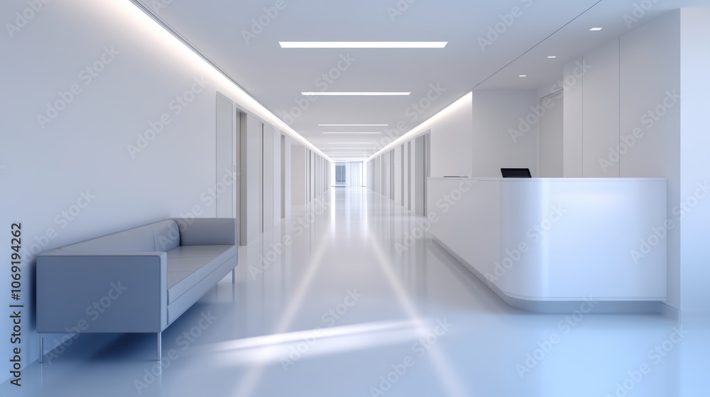 Empty modern hospital hallway with reception desk and sofa. Minimalist healthcare interior. Empty modern hospital hallway with reception desk and sofa. Minimalist healthcare interior.