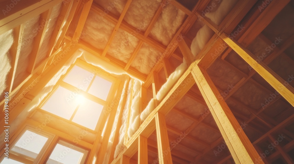 Sunlit attic with wooden framework and insulation Sunlit attic with wooden framework and insulation