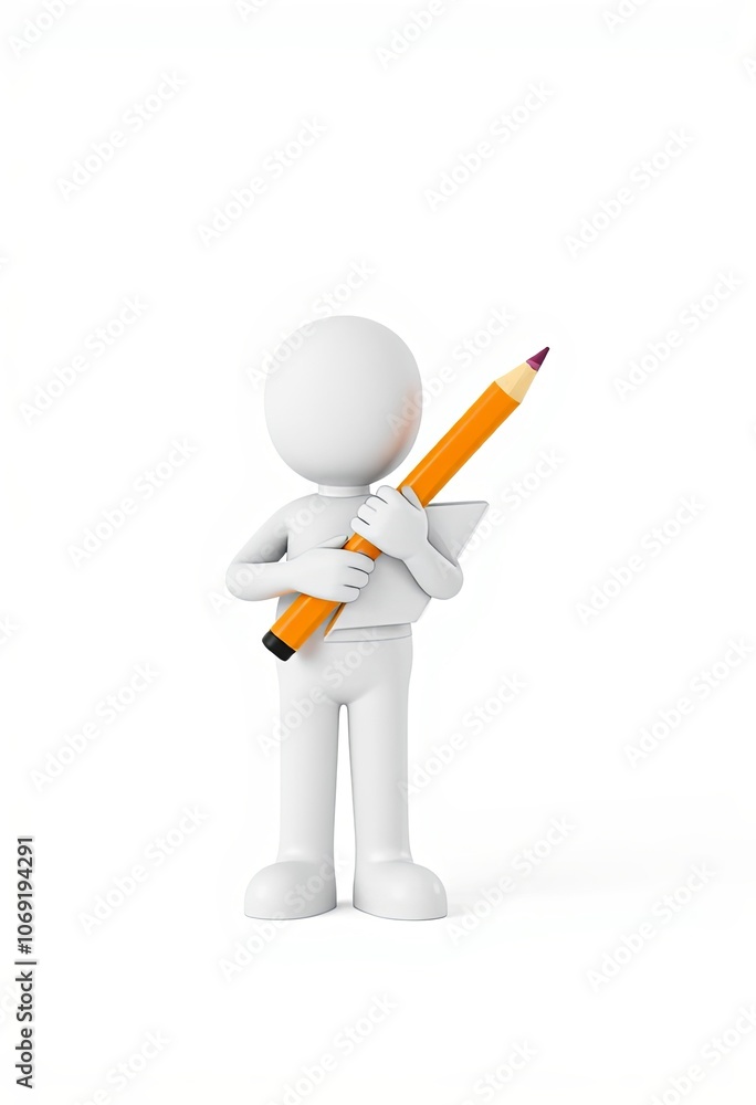 3D minimalist white stick figure holding a giant pencil, ready to write in a notebook, symbolizes creativity and education, with ample copy space for educational or artistic content 3D minimalist white stick figure holding a giant pencil, ready to write in a notebook, symbolizes creativity and education, with ample copy space for educational or artistic content