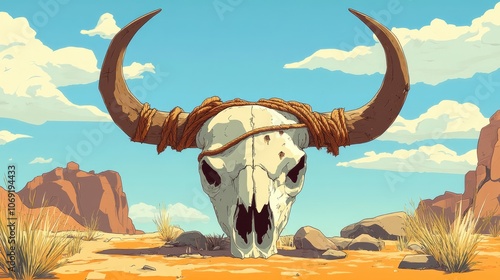 Solitary tied buffalo skull exhibiting natural weathering and intricate bone structure symbolizing strength and resilience in wildlife context
