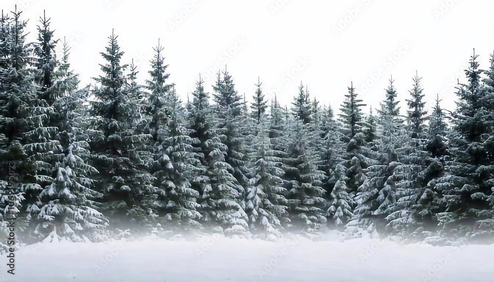 Snow covered pine trees rising from fog in winter forest Snow covered pine trees rising from fog in winter forest