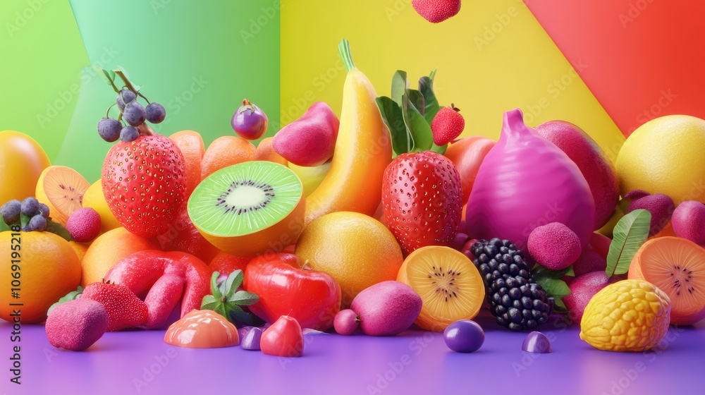 Vibrant 3D rendering of genetically modified fruit combinations showcasing unique colors and shapes highlighting innovations in agriculture Vibrant 3D rendering of genetically modified fruit combinations showcasing unique colors and shapes highlighting innovations in agriculture
