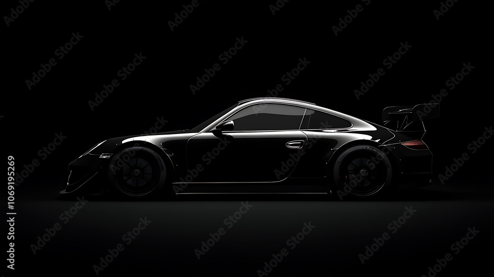 Generic and unbranded black sport car isolated on a dark background Generic and unbranded black sport car isolated on a dark background