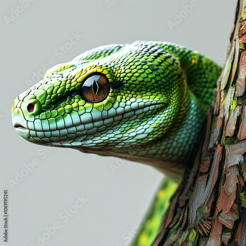 A vibrant green snake elegantly climbing a textured tree trunk in the lush jungle