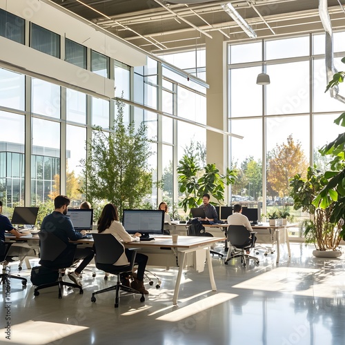 An open office space with expansive windows allowing natural light to flood the area. Employees are working in a bright and creative environment, highlighting a dynamic and inspiring workplace. photo