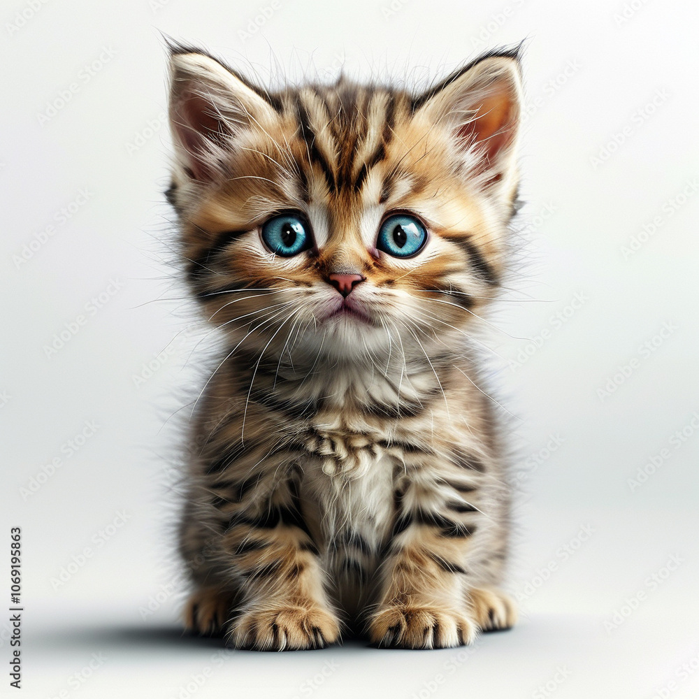 Obraz premium Curious kitten with bright blue eyes playing on a soft white surface indoors
