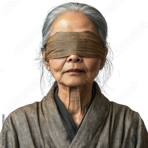 Asian elderly woman with brown blindfold on transparent backgroung, png file, no background
