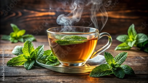 Steaming cup of hot peppermint tea with fresh mint leaves, cozy rustic setting, wooden background