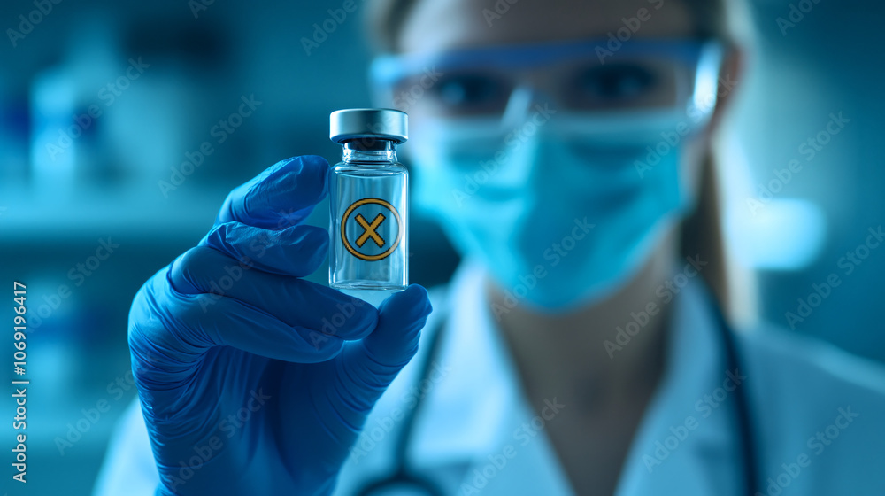 Doctor in protective gear holds a vaccine vial with a rejection symbol Doctor in protective gear holds a vaccine vial with a rejection symbol