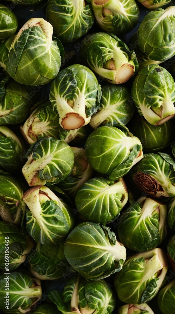 A top-down view of fresh Brussels sprouts, displaying their vibrant green color and compact shape. Perfect for themes related to vegetables, nutrition, and healthy cooking. A top-down view of fresh Brussels sprouts, displaying their vibrant green color and compact shape. Perfect for themes related to vegetables, nutrition, and healthy cooking.