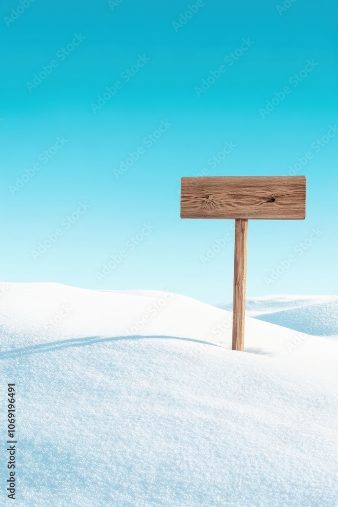 Fototapeta premium Wooden sign in snowy landscape against blue sky