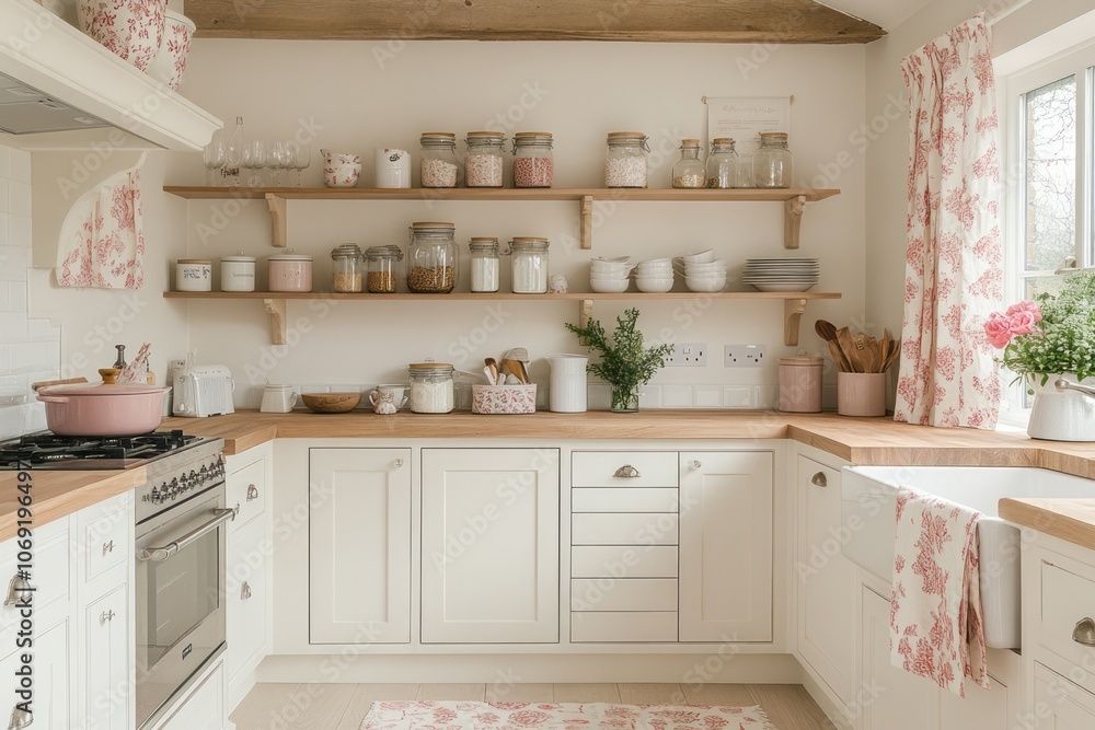 White Kitchen with Wooden Shelves and Red Floral Accents White Kitchen with Wooden Shelves and Red Floral Accents