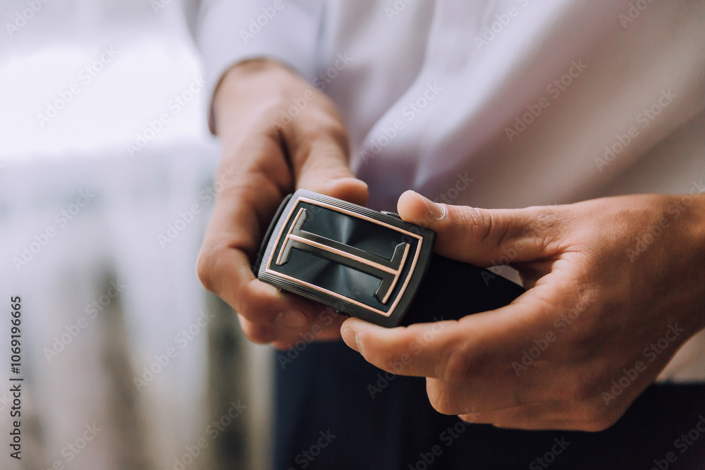 A man is holding a belt with a T on it. The belt is black and gold. The man is wearing a white shirt A man is holding a belt with a T on it. The belt is black and gold. The man is wearing a white shirt