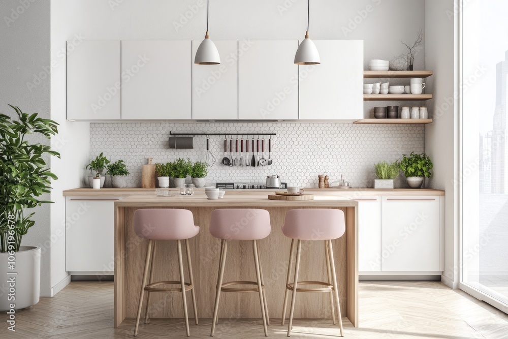 Modern Kitchen Island with Pink Bar Stools and White Cabinets Modern Kitchen Island with Pink Bar Stools and White Cabinets