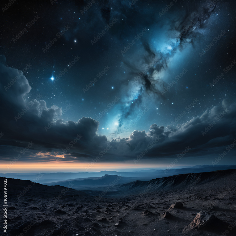 Naklejka premium The sky peels away revealing a dark infinite cosmos beyond.Stars and galaxies shimmer faintly, casting an eerie glow over Earth’s surreal horizon.