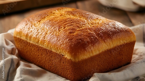 Freshly baked loaf of golden bread resting on a kitchen towel in a cozy home setting during the afternoon. Generative AI photo