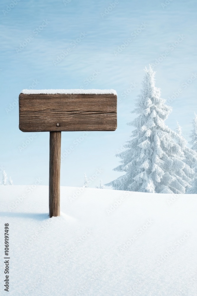 Naklejka premium Snowy winter landscape with a wooden sign post