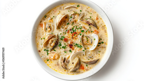 A bowl of clam chowder with clams, herbs, and spices, served as a comforting dish.