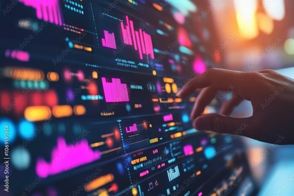 Hand interacting with colorful digital data screen symbolizing real time analytics virtual finance tracking and tech visualization in a vibrant high energy interface Hand interacting with colorful digital data screen symbolizing real time analytics virtual finance tracking and tech visualization in a vibrant high energy interface