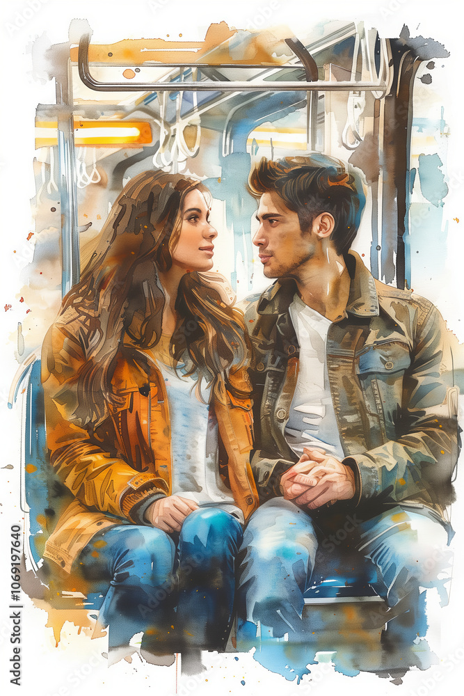 Obraz premium Watercolor painting of man and woman traveling by electric train.