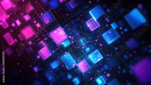 Abstract background with neon blue and purple glowing squares on a black backdrop Digital grid of lines, a geometric pattern for a technology concept Generative AI
