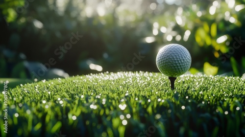 Golf ball teed up on lush green grass ready for play photo