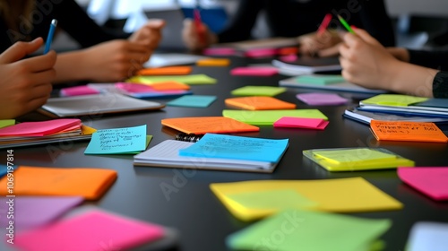 People collaborating around a table filled with colorful sticky notes during a brainstorming session. Generative AI
