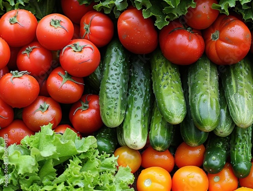 An overhead view of a colorful medley of vegetables, including cherry tomatoes, cucumbers, and radishes, creating a vibrant and healthy display