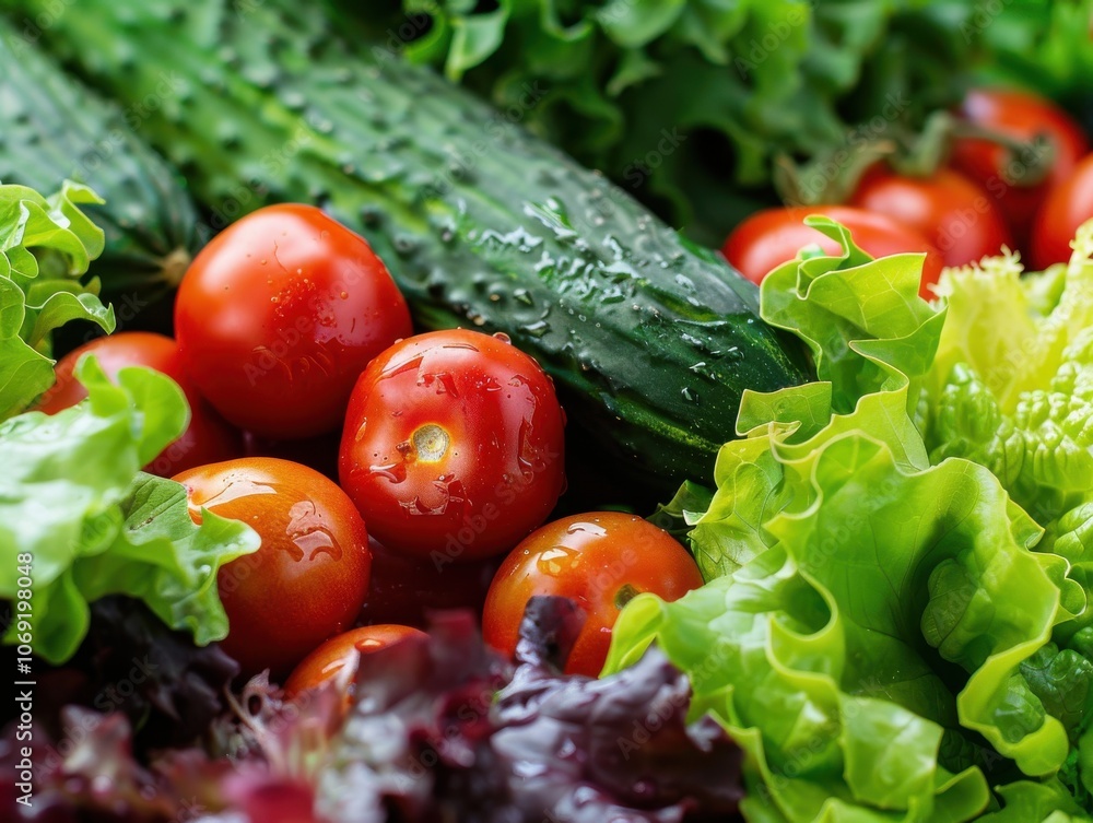An overhead view of a colorful medley of vegetables, including cherry tomatoes, cucumbers, and radishes, creating a vibrant and healthy display An overhead view of a colorful medley of vegetables, including cherry tomatoes, cucumbers, and radishes, creating a vibrant and healthy display