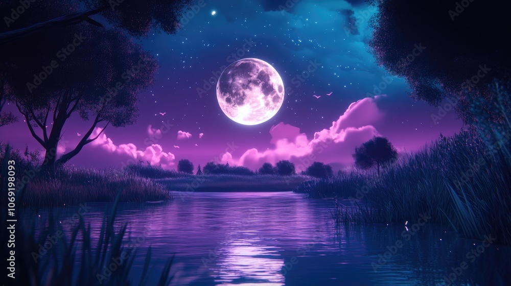 Naklejka premium Eerie night scene illuminated by a full moon casting shadows on the still water perfect for capturing the beauty of nocturnal landscapes