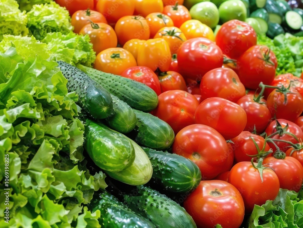 An overhead view of a colorful medley of vegetables, including cherry tomatoes, cucumbers, and radishes, creating a vibrant and healthy display An overhead view of a colorful medley of vegetables, including cherry tomatoes, cucumbers, and radishes, creating a vibrant and healthy display