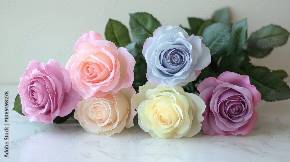 Fototapeta premium Beautifully arranged pastel roses in a gentle display on a marble surface