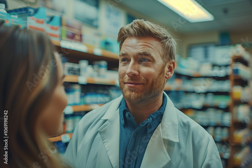 Caucasian male pharmacist talking with customer in pharmacy.