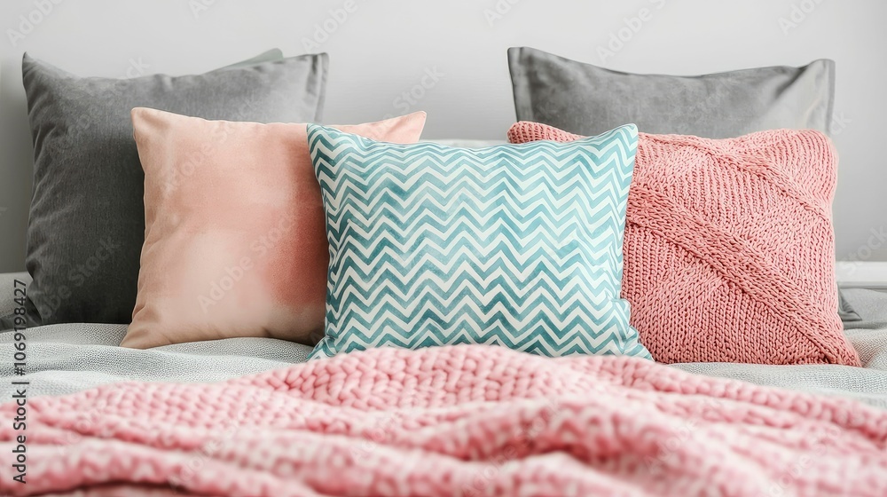 A cozy arrangement of decorative throw pillows in soft colors, featuring different textures and patterns on a bed with a pink blanket. A cozy arrangement of decorative throw pillows in soft colors, featuring different textures and patterns on a bed with a pink blanket.