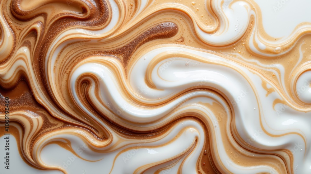 Abstract close-up of caramel and cream swirled together, creating a rich, smooth pattern with delicate, decorative beads on top. Abstract close-up of caramel and cream swirled together, creating a rich, smooth pattern with delicate, decorative beads on top.