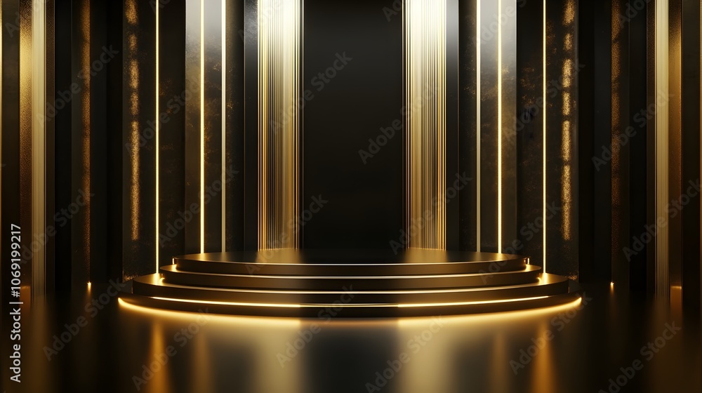 3D podium with a gold and black background, featuring a dark platform with luxurious golden highlights 3D podium with a gold and black background, featuring a dark platform with luxurious golden highlights