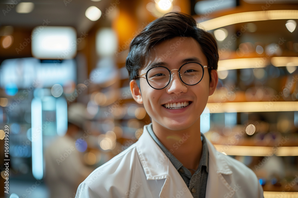 Asian male ophthalmologist smiling with confidence in eyeglasses shop. Asian male ophthalmologist smiling with confidence in eyeglasses shop.
