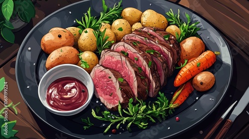 Roast beef slices served with savory dipping sauce accompanied by winter vegetables including potatoes carrots pearl onions and rutabaga on a black plate flat lay presentation photo