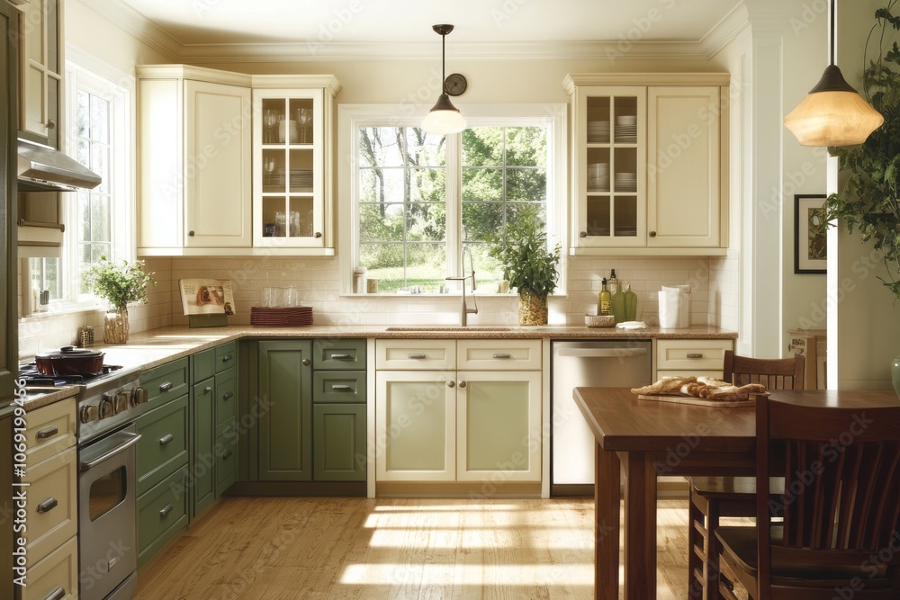 A well-lit kitchen with green cabinets, white cabinets, a window, and a wooden table A well-lit kitchen with green cabinets, white cabinets, a window, and a wooden table