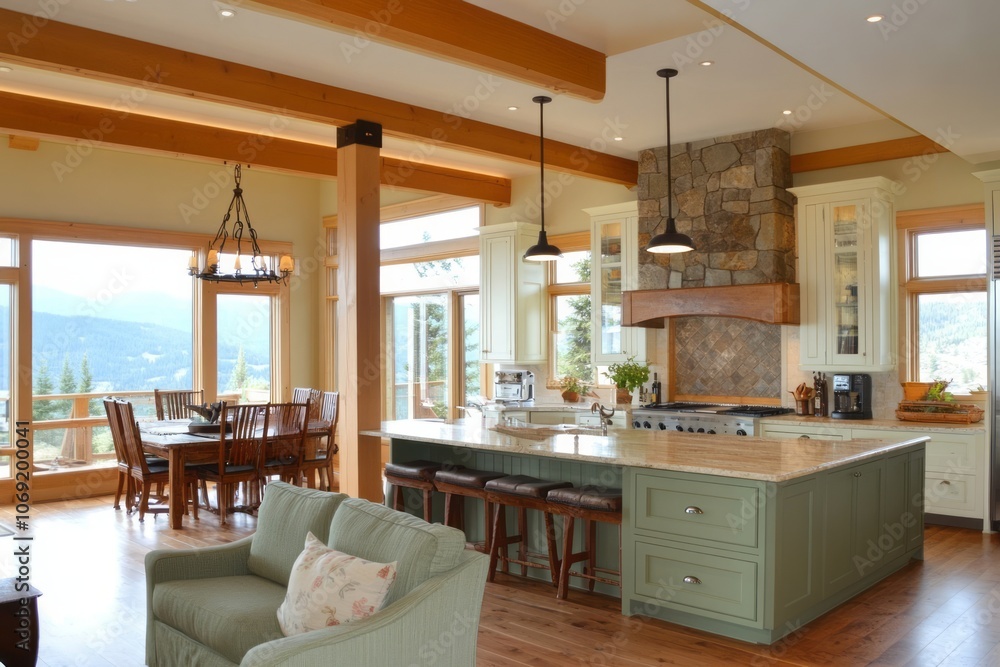 Fototapeta premium Modern Kitchen with Exposed Beams and Mountain Views